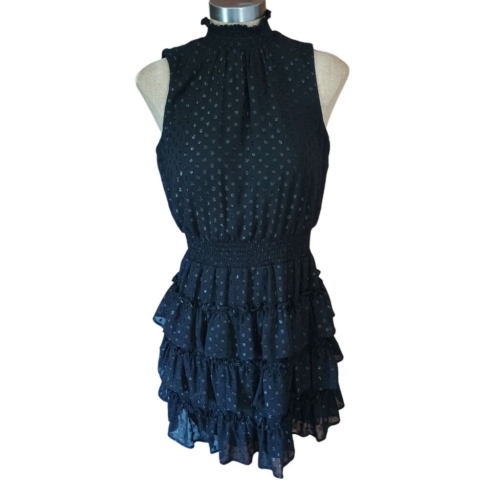 1.State Mini Dress S-M? Black Sleeveless Smocked Neck Ruffle Tiered Skirt READ
